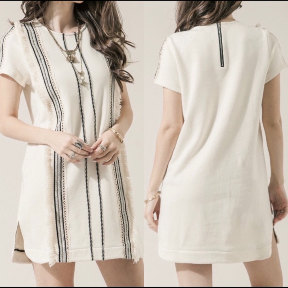 MOON RIVER Fringe Boho French Terry Shift Dress S